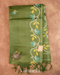Leafy Green Floral Jamdani Pure Tussar Silk Handloom Saree