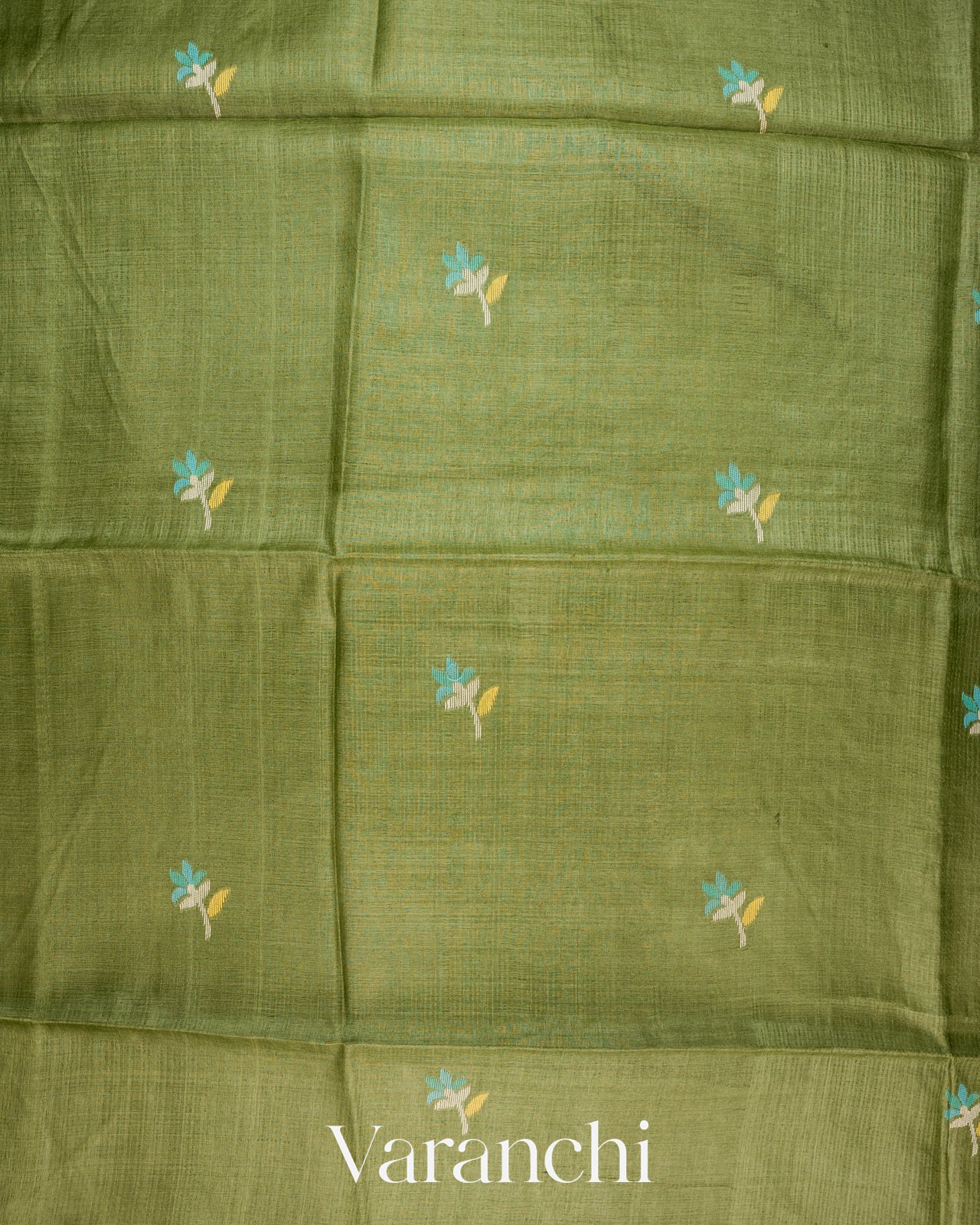Leafy Green Floral Jamdani Pure Tussar Silk Handloom Saree