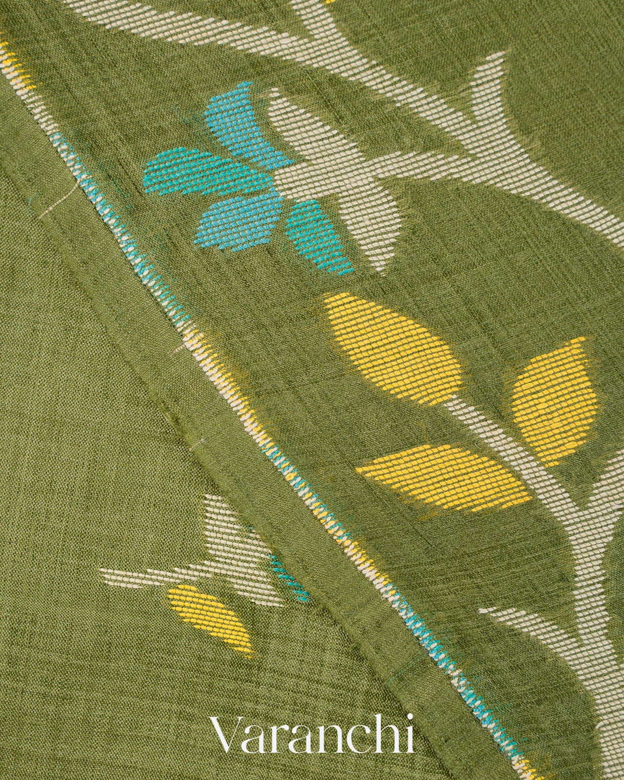 Leafy Green Floral Jamdani Pure Tussar Silk Handloom Saree