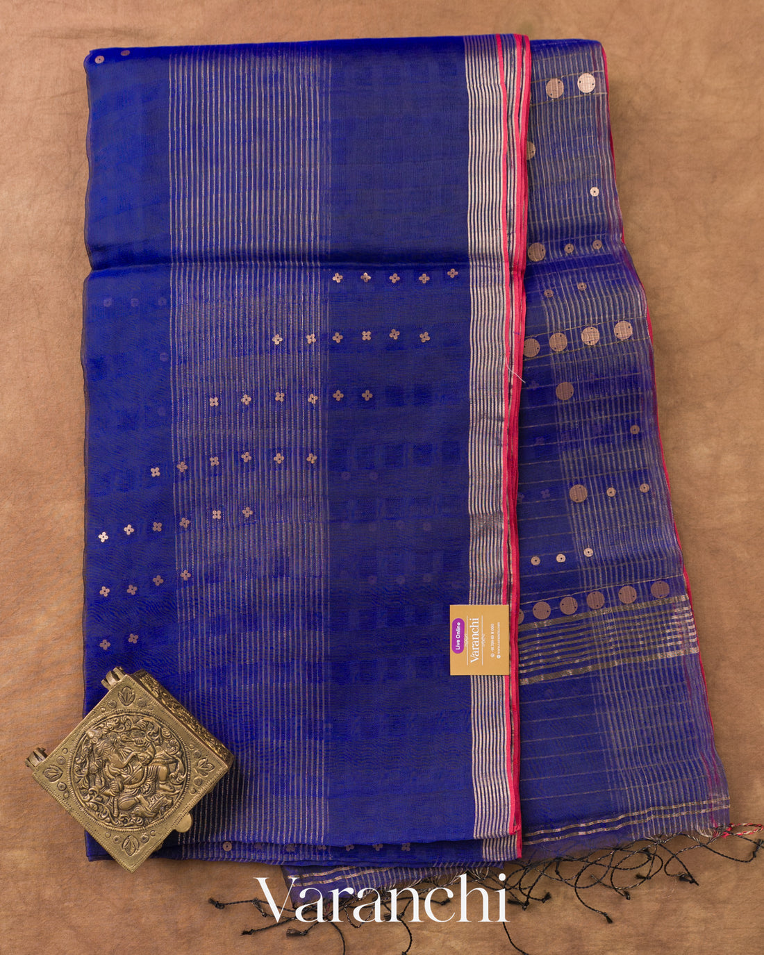 Royal Blue Sequin Checkered Pure Muslin Silk Handloom Saree