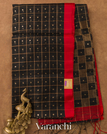 Black Checkered Pure Muslin Silk Handloom Saree