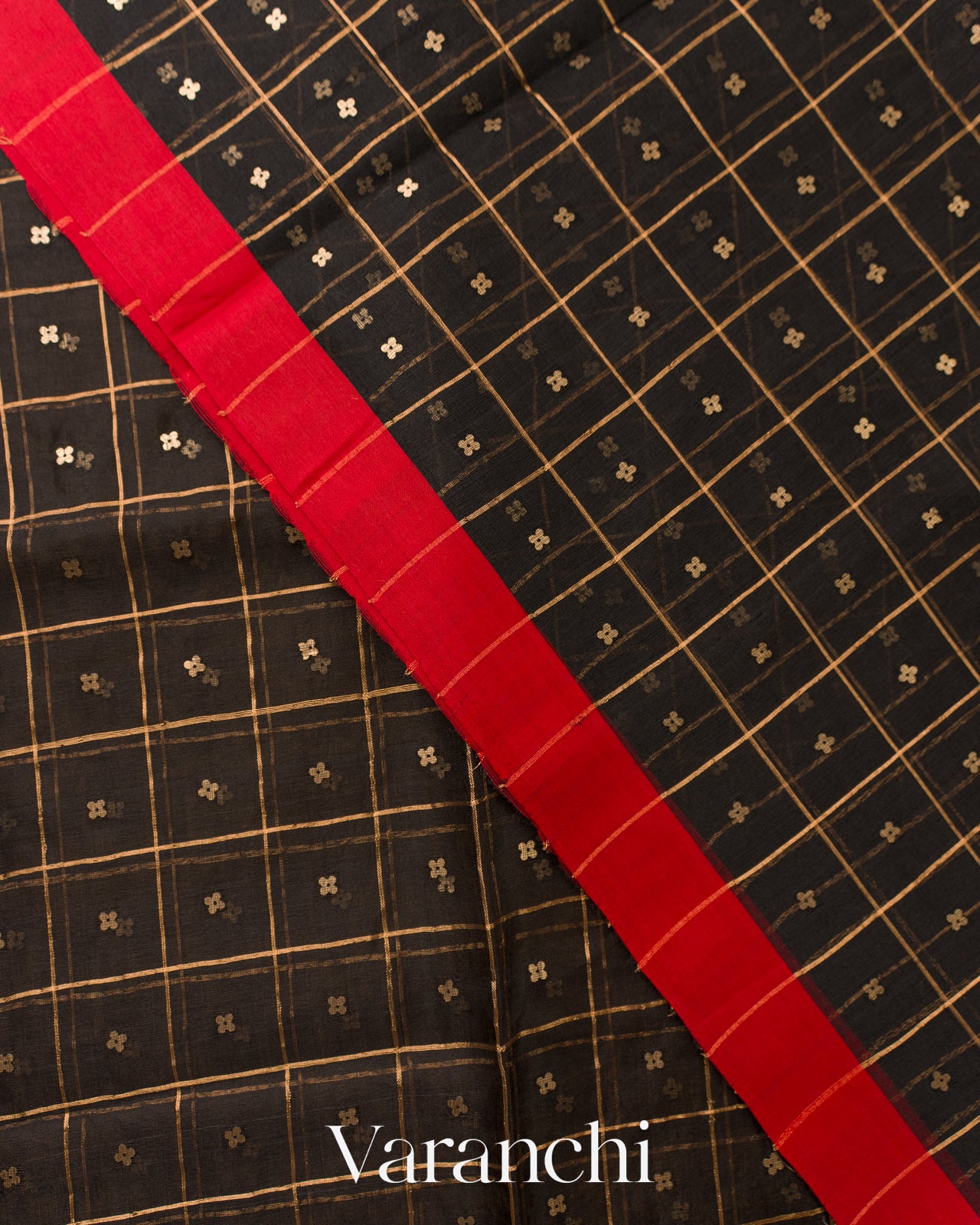 Black Checkered Pure Muslin Silk Handloom Saree