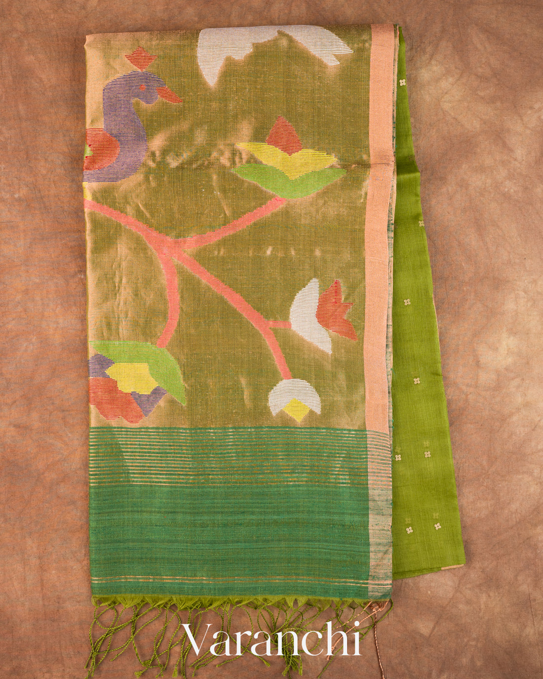 Leafy Green Sequin Jamdani Paithani Pallu Pure Muslin Silk Handloom Saree