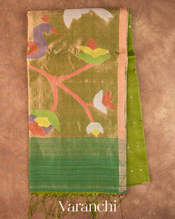 Leafy Green Sequin Jamdani Paithani Pallu Pure Muslin Silk Handloom Saree