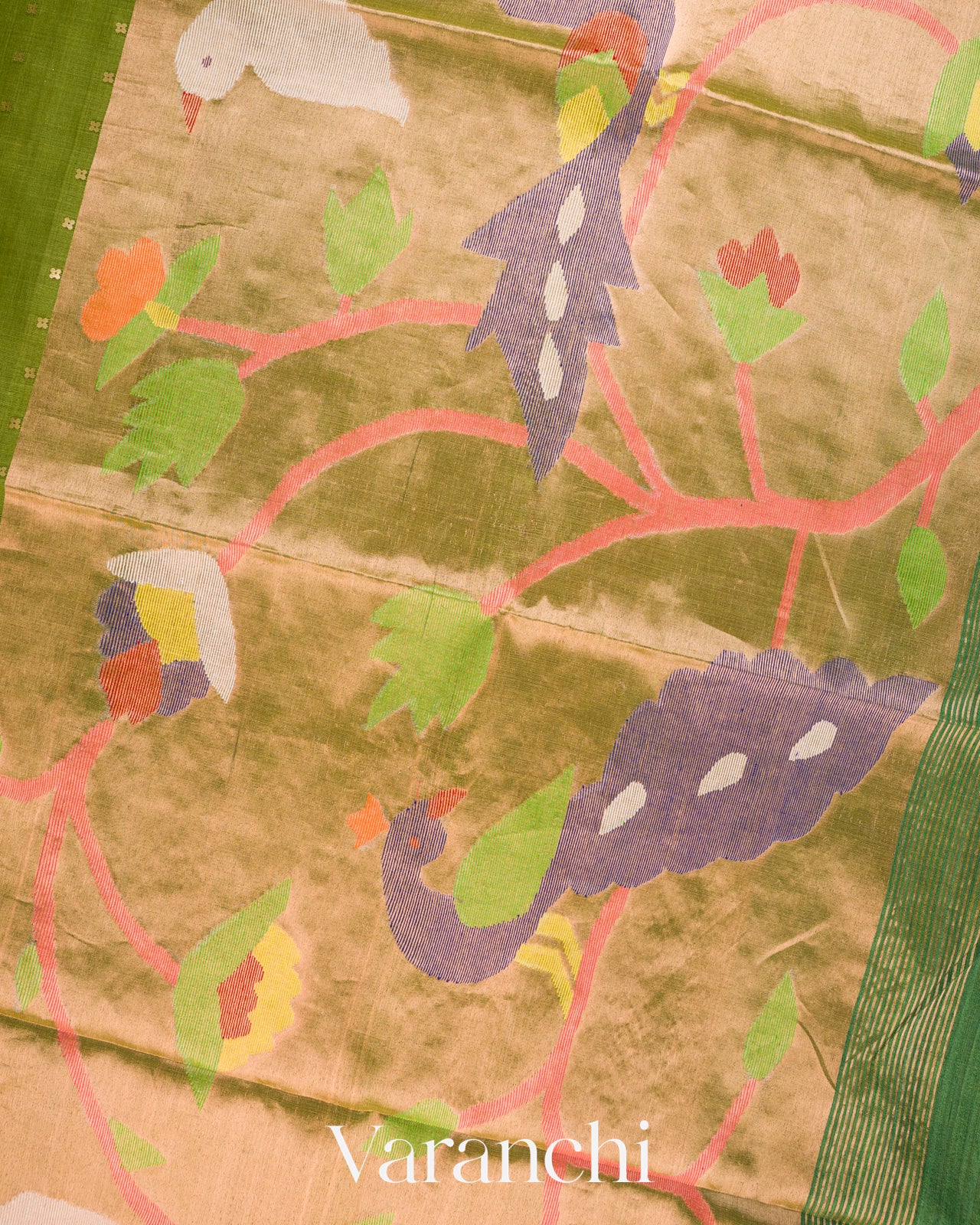 Leafy Green Sequin Jamdani Paithani Pallu Pure Muslin Silk Handloom Saree