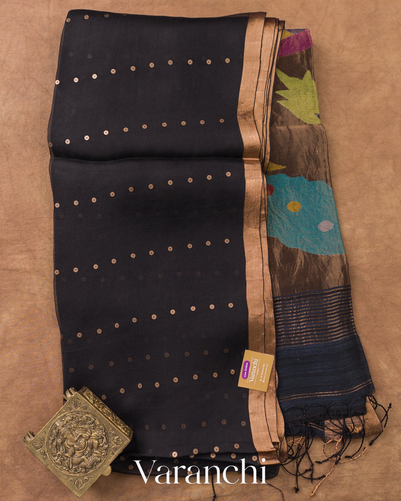 Black Sequin Jamdani Paithani Pallu Pure Muslin Silk Handloom Saree