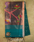 Peacock Blue Sequin Jamdani Paithani Pallu Pure Muslin Silk Handloom Saree