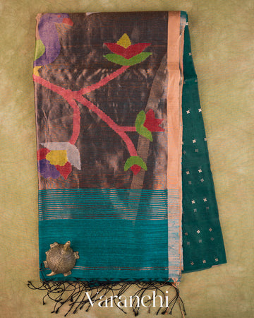 Peacock Blue Sequin Jamdani Paithani Pallu Pure Muslin Silk Handloom Saree