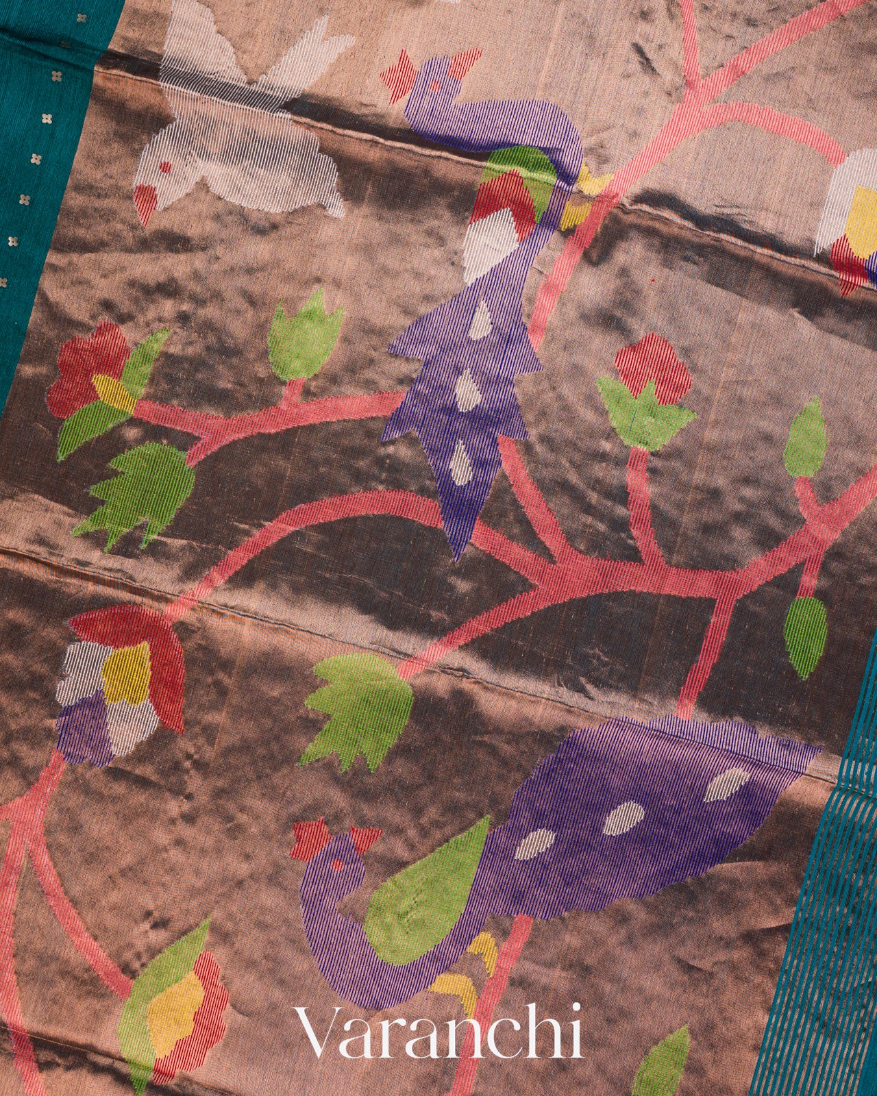 Peacock Blue Sequin Jamdani Paithani Pallu Pure Muslin Silk Handloom Saree