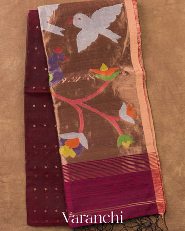 Maroon Sequin Jamdani Paithani Pallu Pure Muslin Silk Handloom Saree