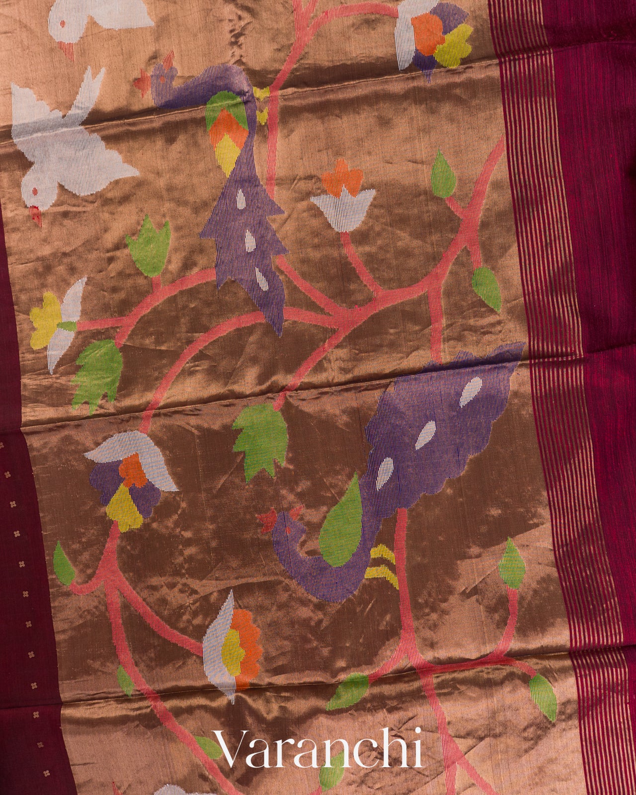 Maroon Sequin Jamdani Paithani Pallu Pure Muslin Silk Handloom Saree