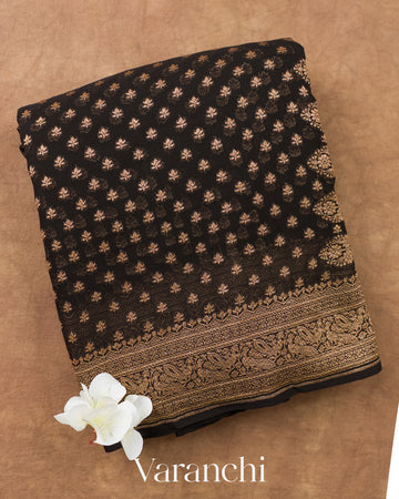 Jet Black Pure Khaddi Georgette Silk Handloom Saree