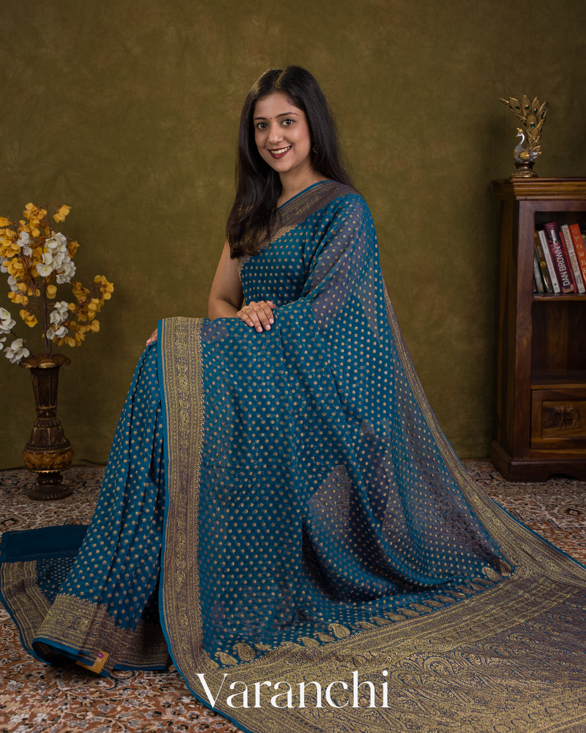 Peacock Blue Pure Khaddi Georgette Silk Saree
