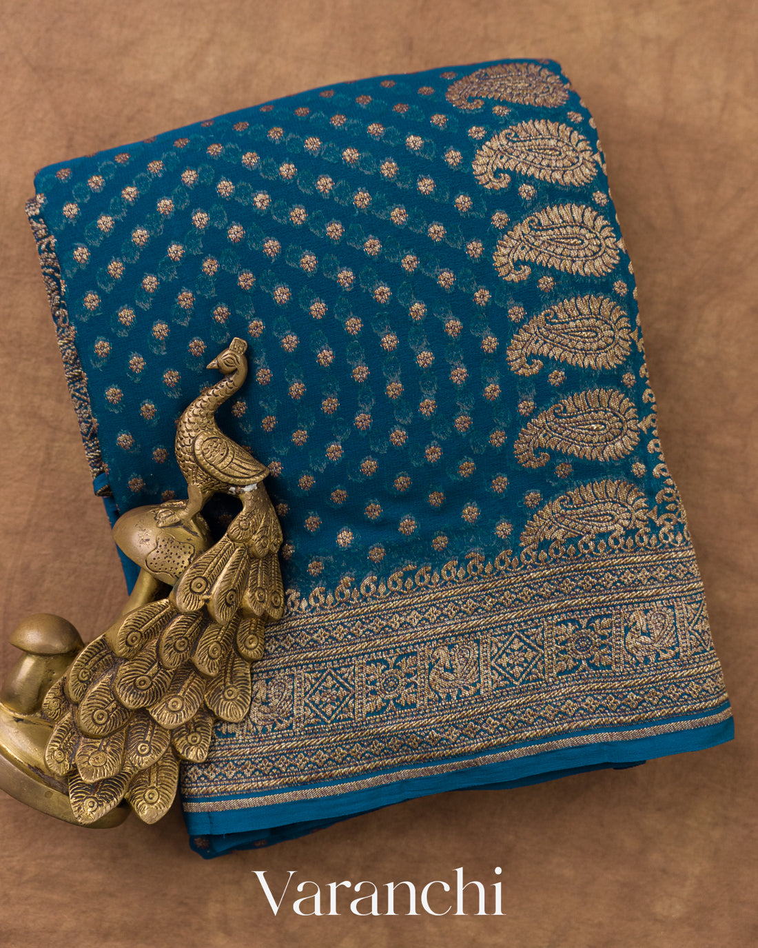 Peacock Blue Pure Khaddi Georgette Silk Saree