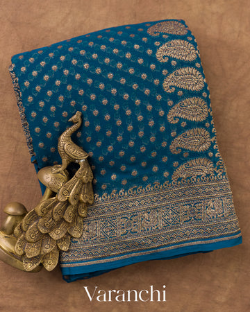 Peacock Blue Pure Khaddi Georgette Silk Saree