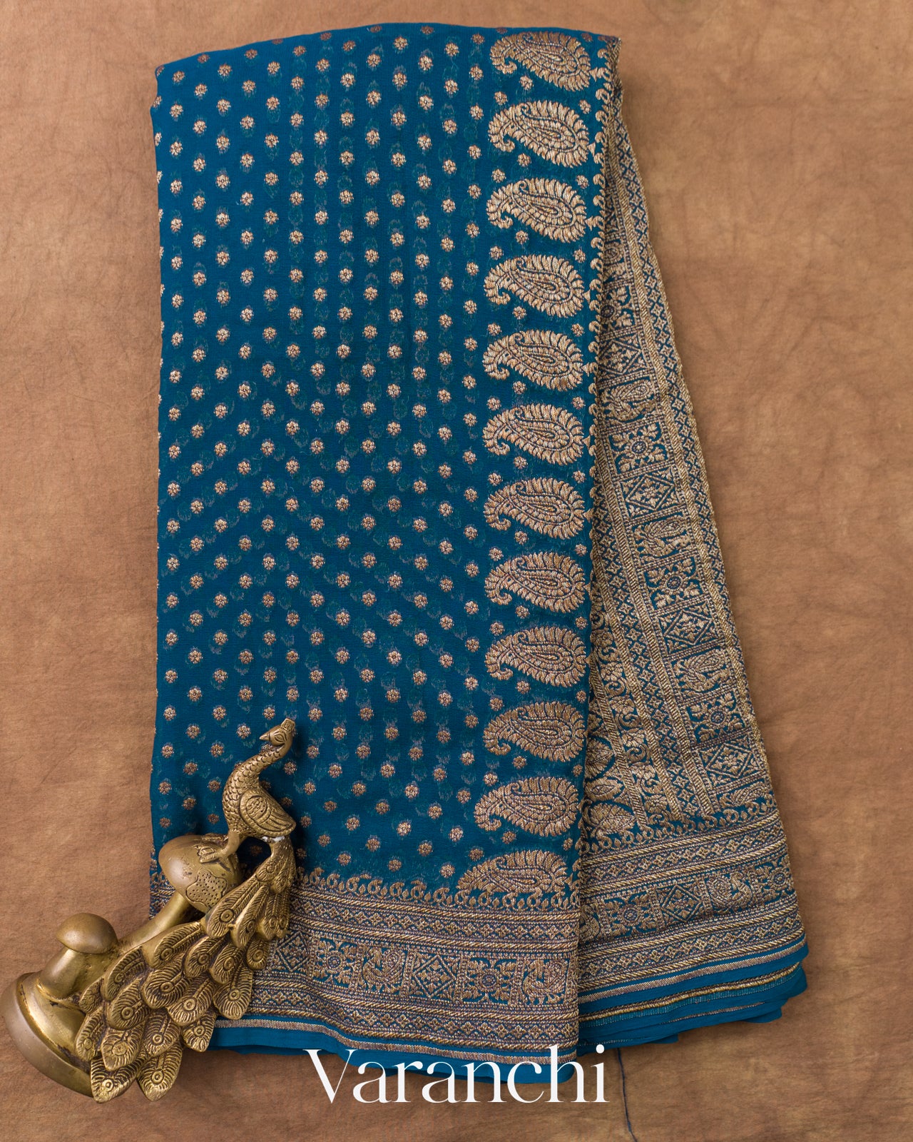 Peacock Blue Pure Khaddi Georgette Silk Handloom Saree