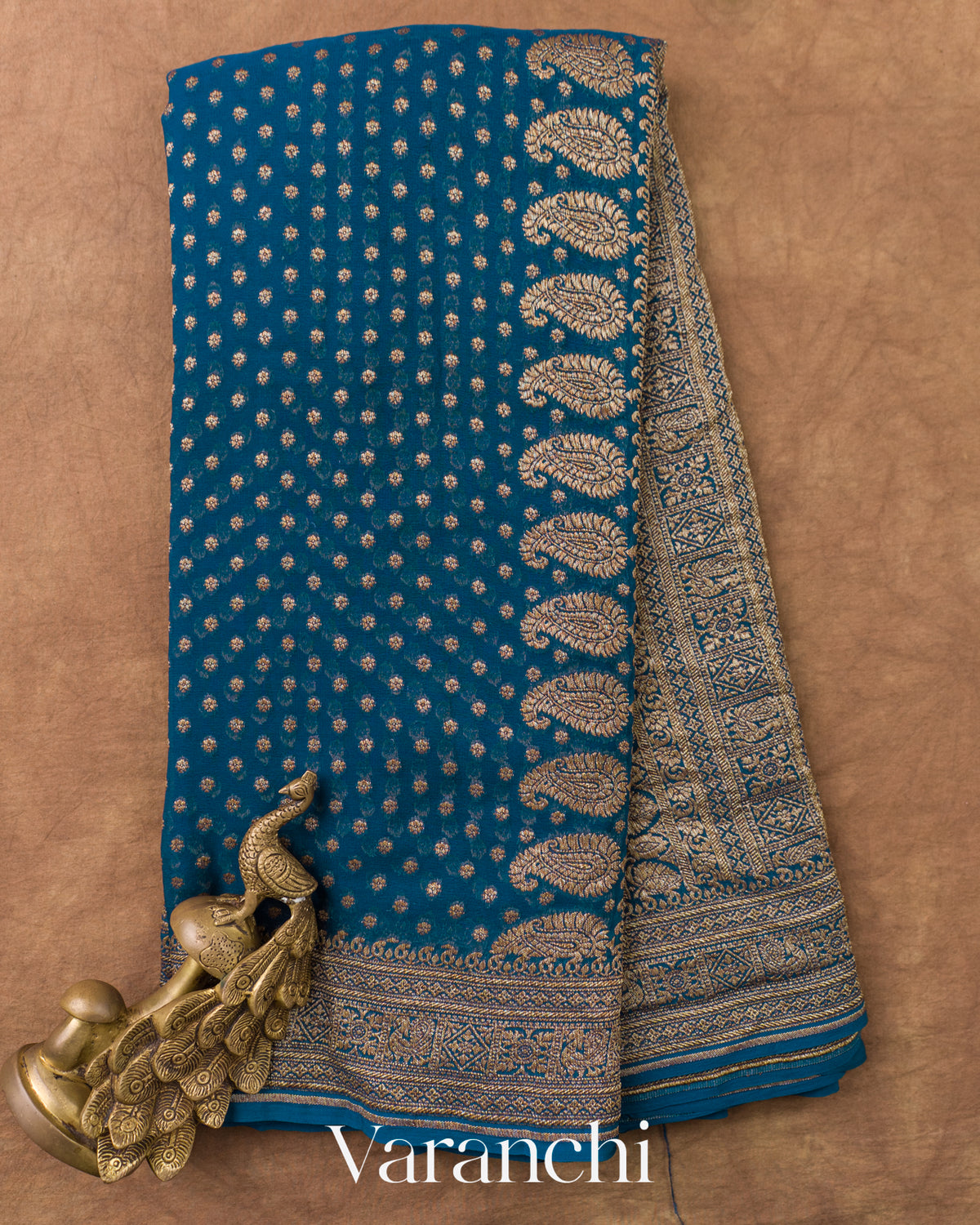 Peacock Blue Pure Khaddi Georgette Silk Saree