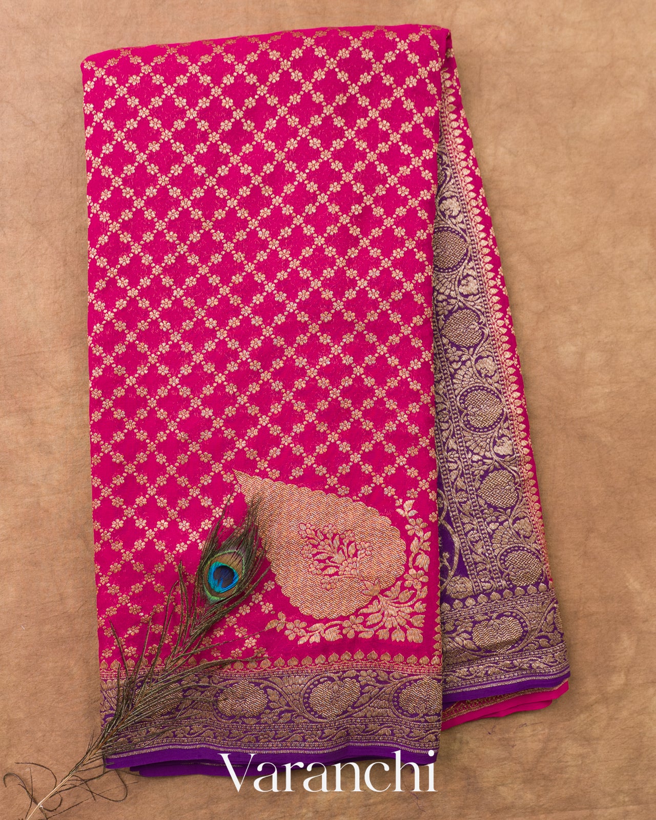 Rani Pink Checkered Pure Khaddi Georgette Silk Handloom Saree