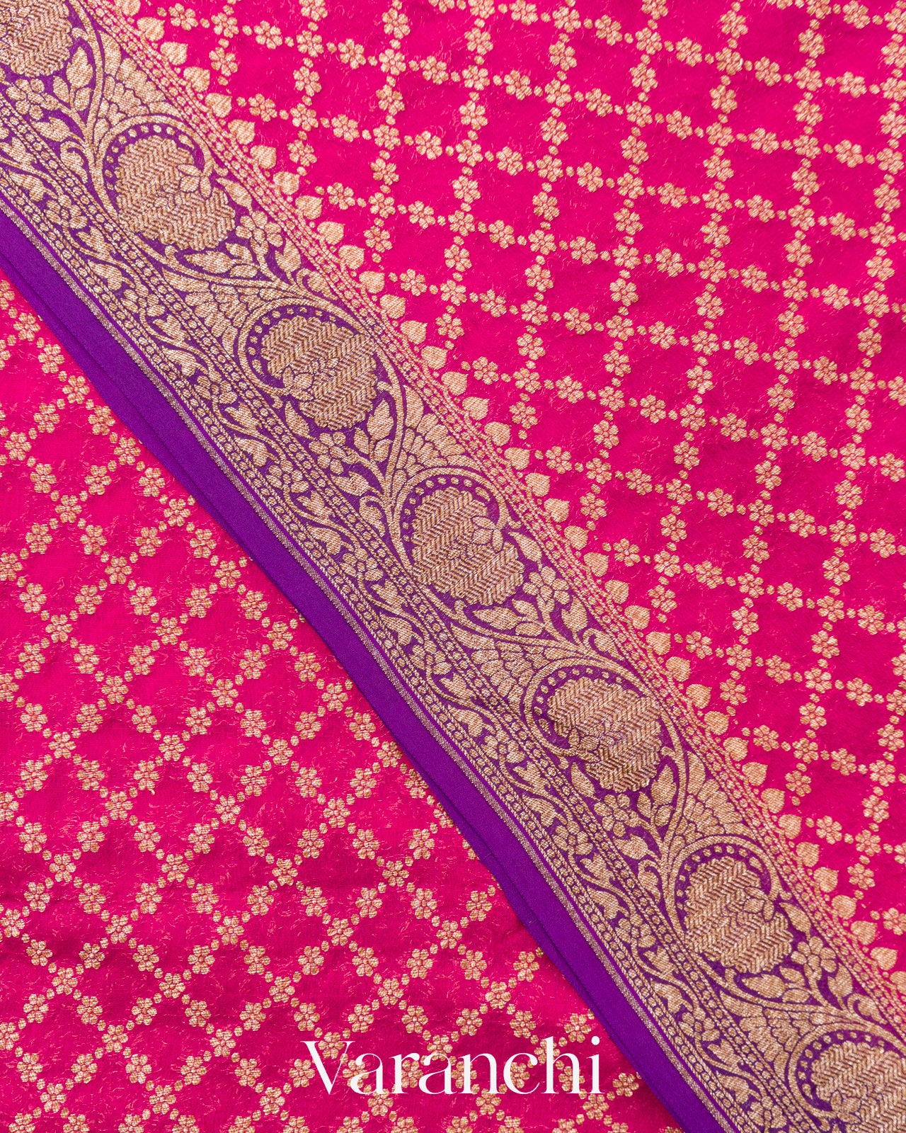 Rani Pink Checkered Pure Khaddi Georgette Silk Handloom Saree
