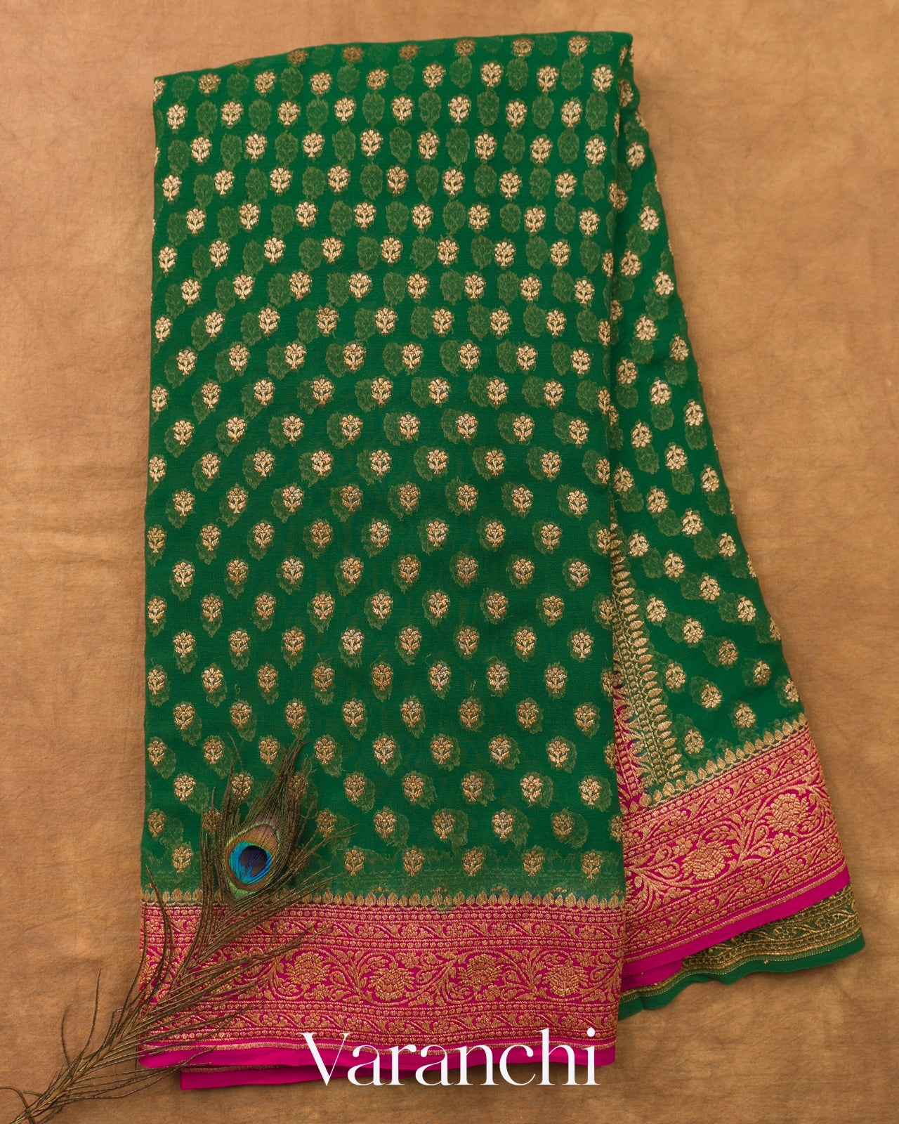 Bottle Green Pure Khaddi Georgette Silk Handloom Saree