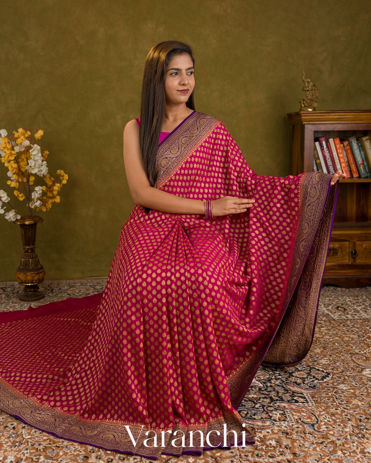 Rani Pink Pure Khaddi Georgette Silk Saree