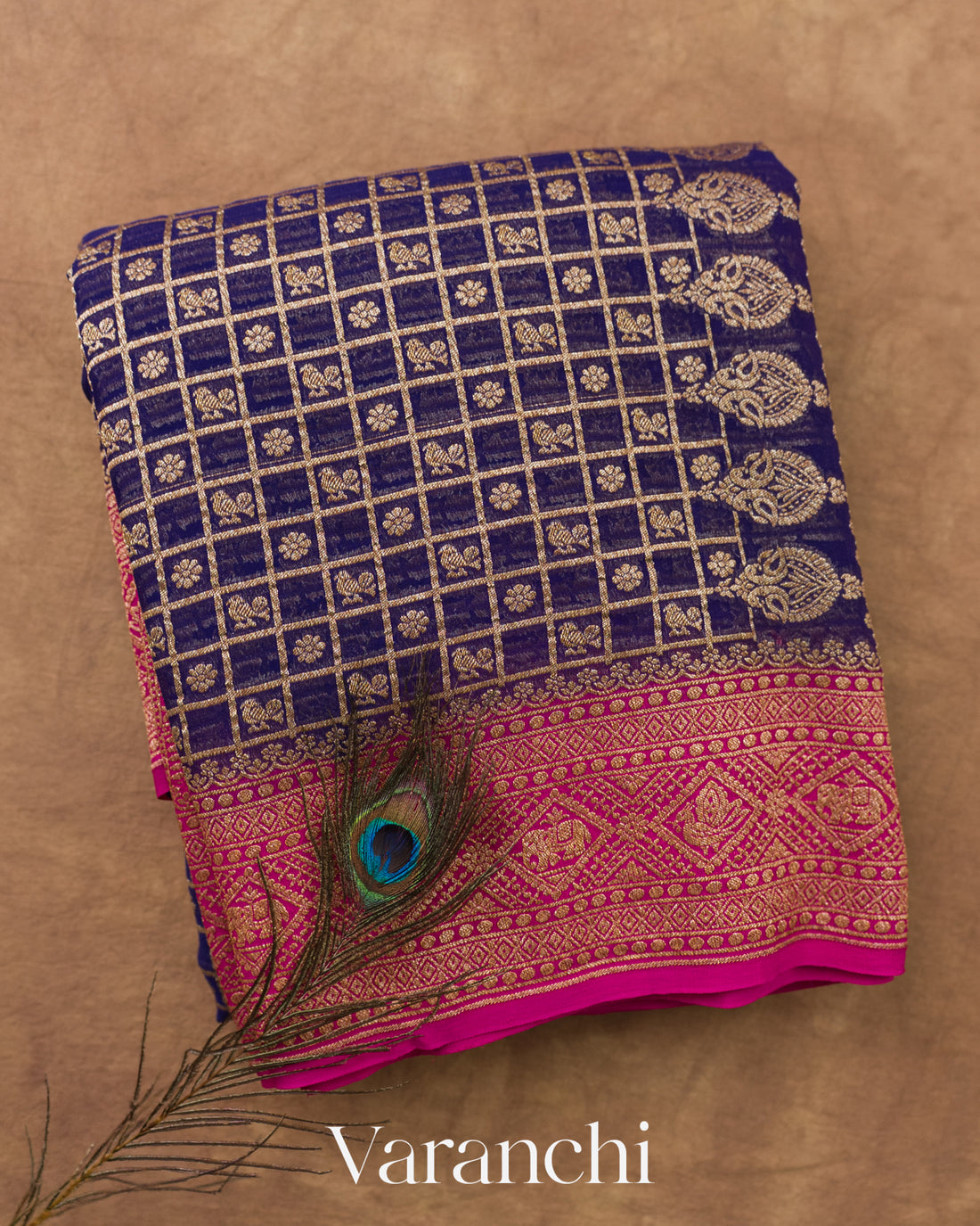 Navy Blue Checkered Pure Khaddi Georgette Silk Handloom Saree