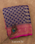 Navy Blue Checkered Pure Khaddi Georgette Silk Handloom Saree