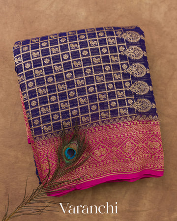 Navy Blue Checkered Pure Khaddi Georgette Silk Handloom Saree