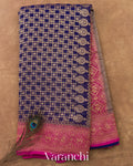 Navy Blue Checkered Pure Khaddi Georgette Silk Handloom Saree