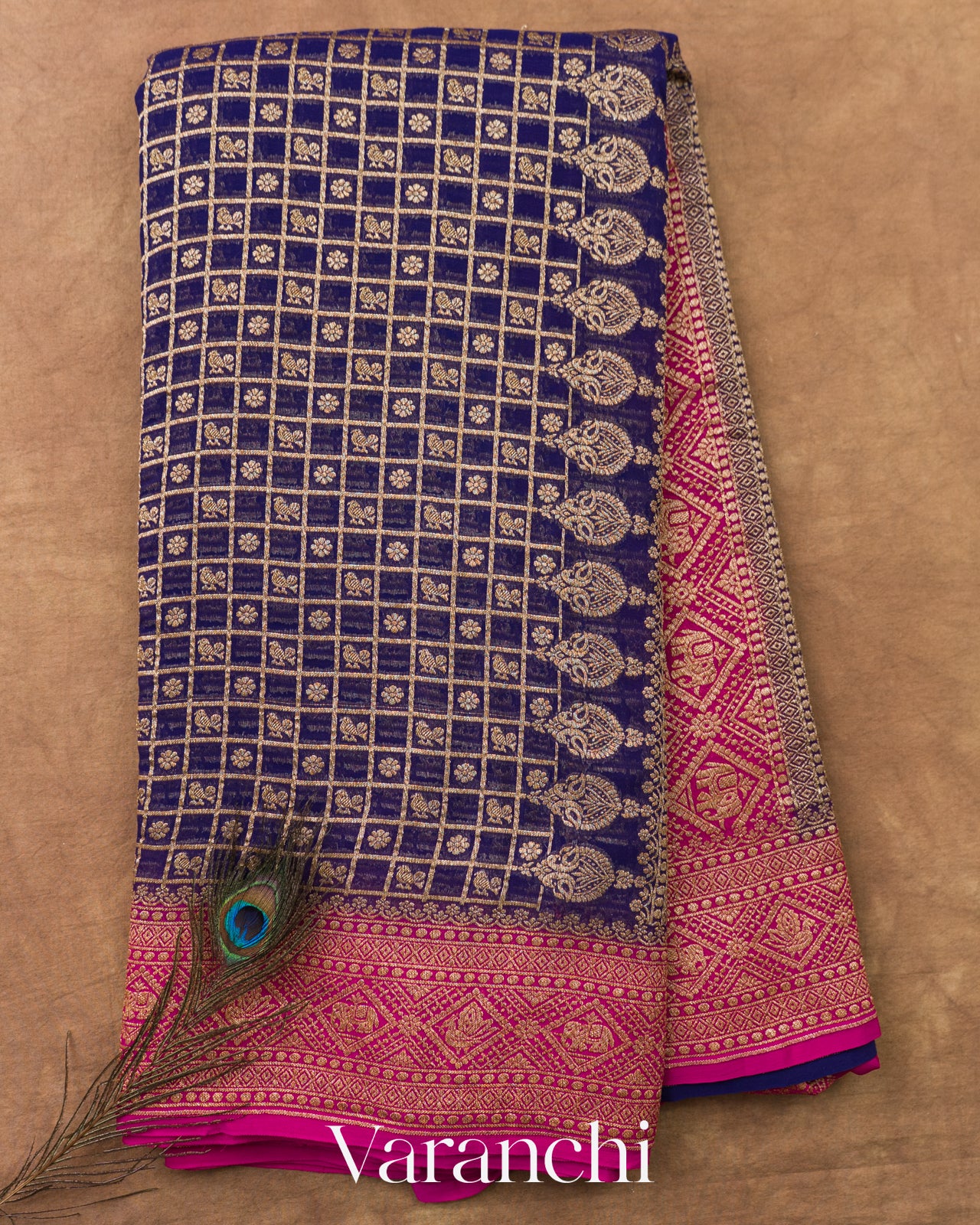 Navy Blue Checkered Pure Khaddi Georgette Silk Handloom Saree