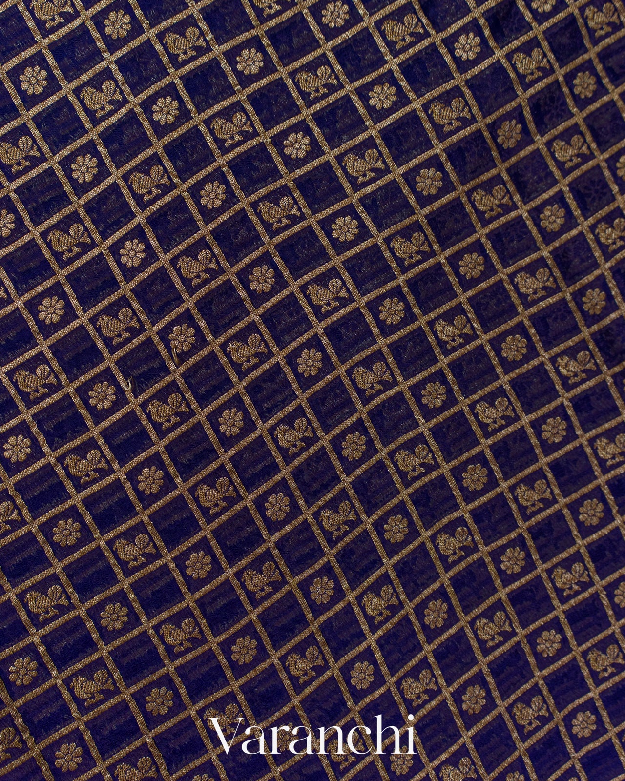 Navy Blue Checkered Pure Khaddi Georgette Silk Handloom Saree