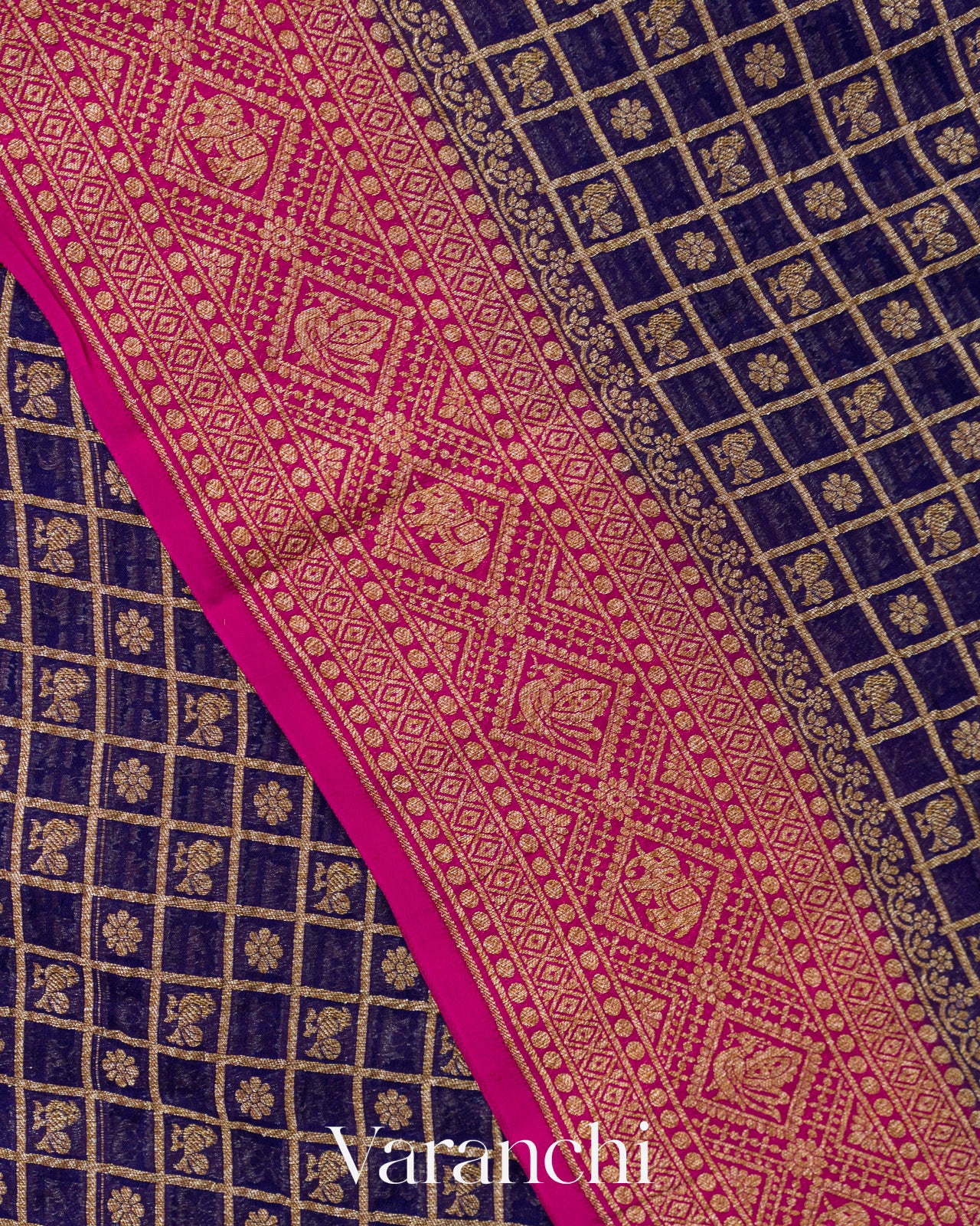 Navy Blue Checkered Pure Khaddi Georgette Silk Handloom Saree