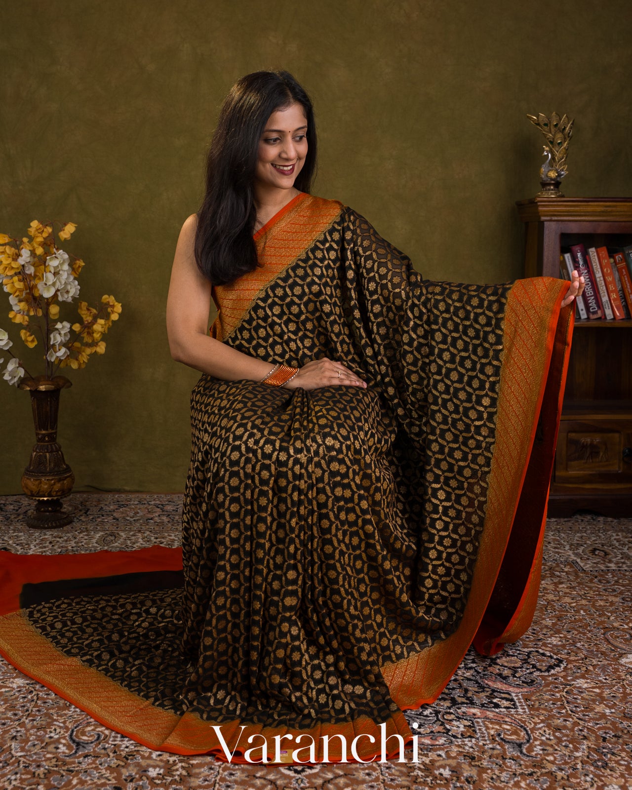 Black Floral Jaal Pure Khaddi Georgette Silk Handloom Saree