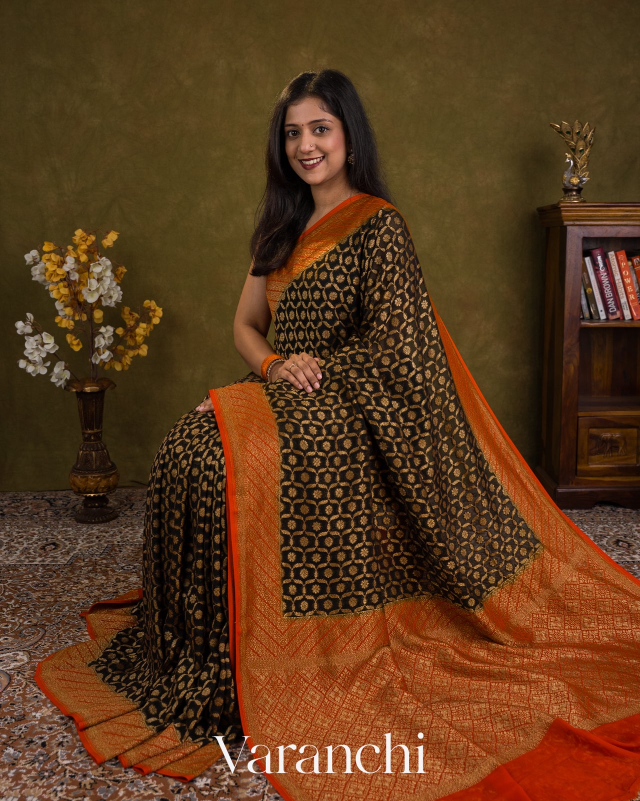 Black Floral Jaal Pure Khaddi Georgette Silk Handloom Saree