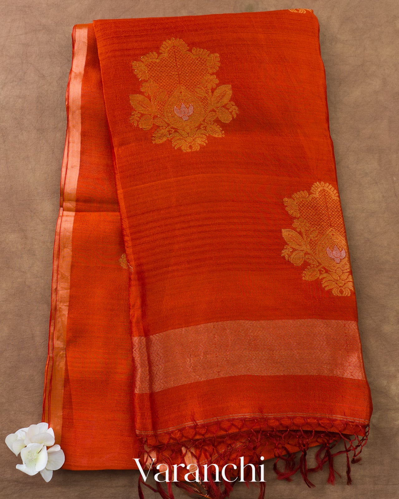 Bright Orange Jamdani Pure Mulberry Silk Handloom Saree
