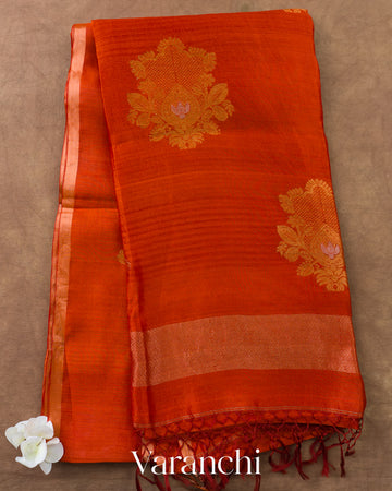 Bright Orange Jamdani Pure Mulberry Silk Handloom Saree
