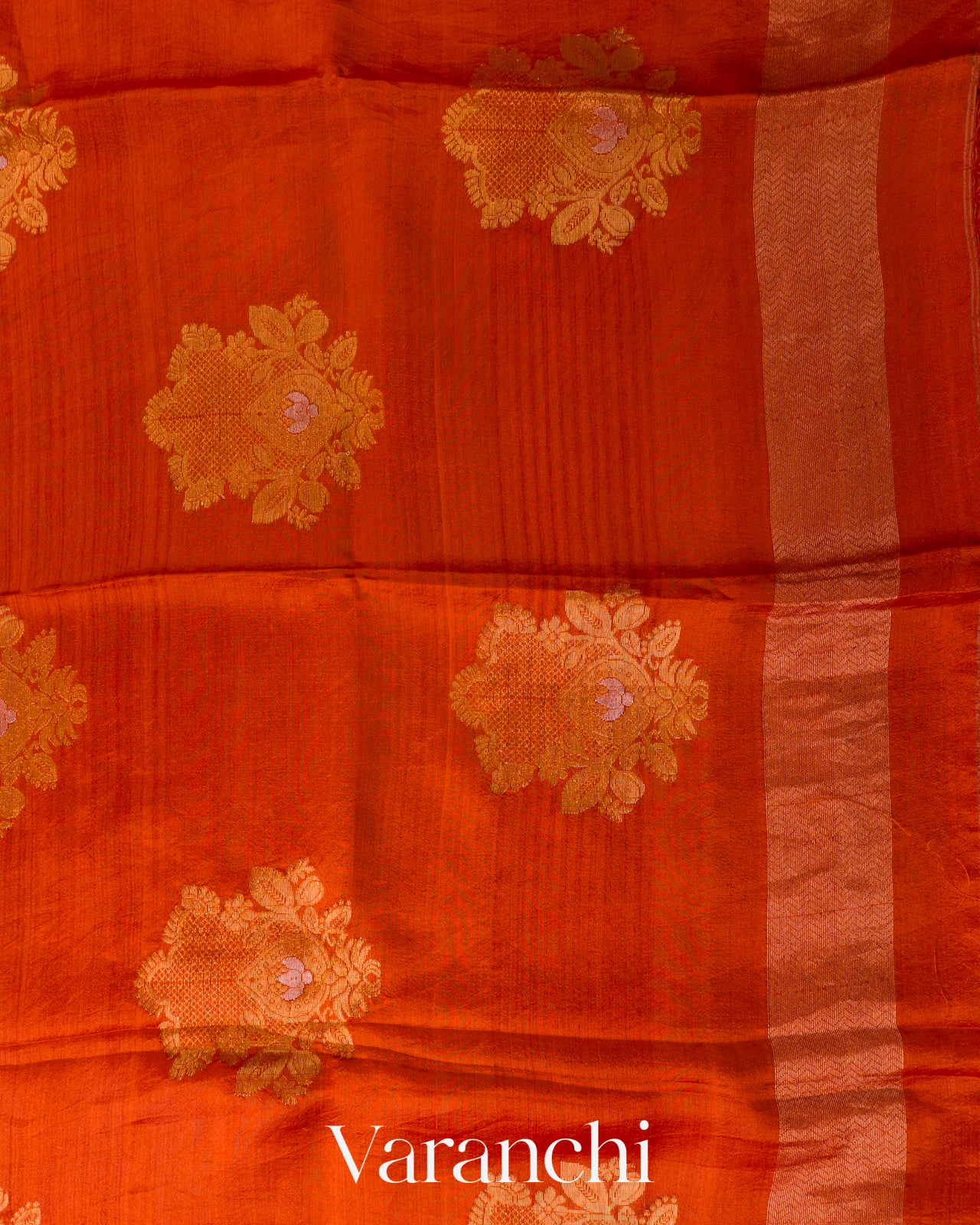 Bright Orange Jamdani Pure Mulberry Silk Handloom Saree