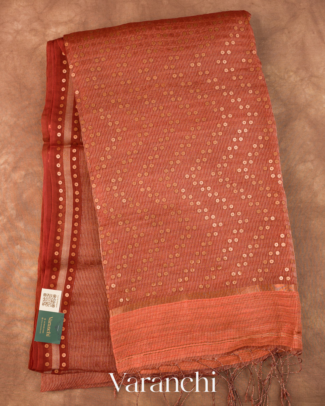 Rust Orange Sequin Embroidery Pure Muslin Silk Handloom Saree