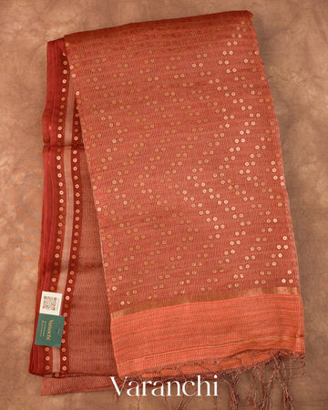Rust Orange Sequin Embroidery Pure Muslin Silk Handloom Saree