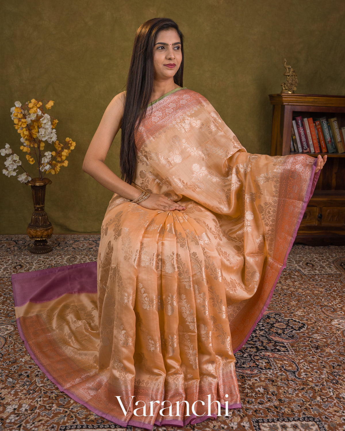 Peach Lehariya Pure Chiniya Silk Saree