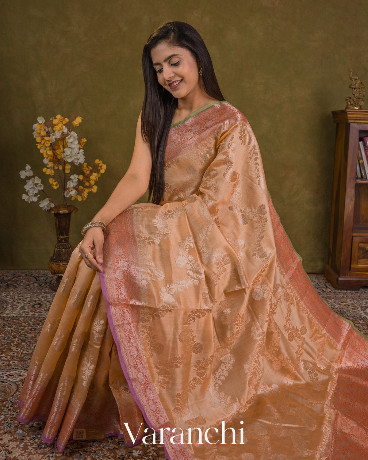 Peach Lehariya Pure Chiniya Silk Saree