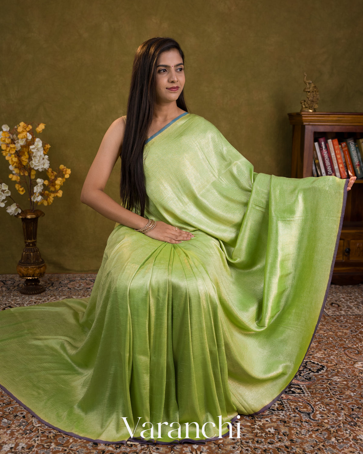 Lime Green Pure Moonga Georgette Tissue Silk Saree