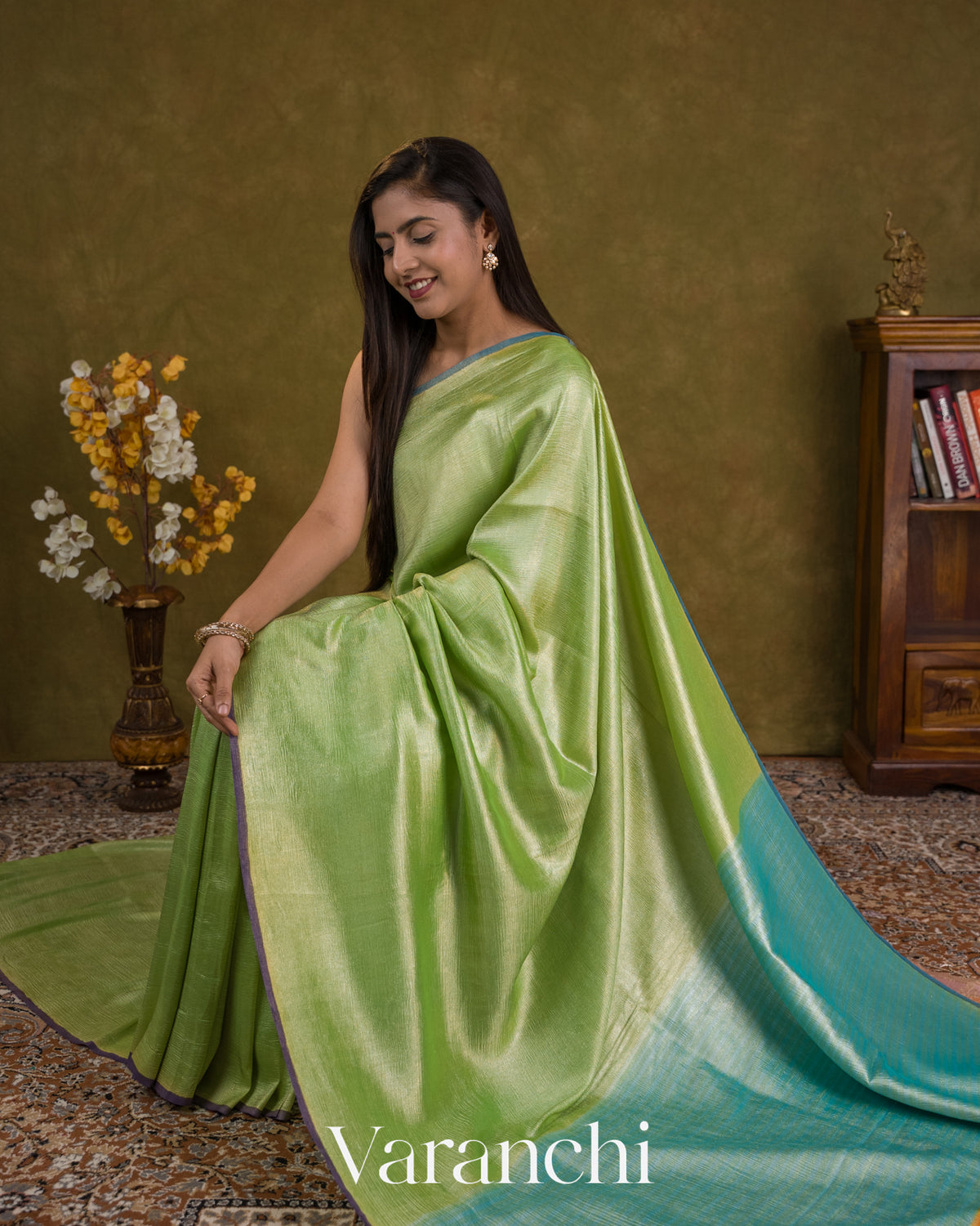 Lime Green Pure Moonga Georgette Tissue Silk Saree
