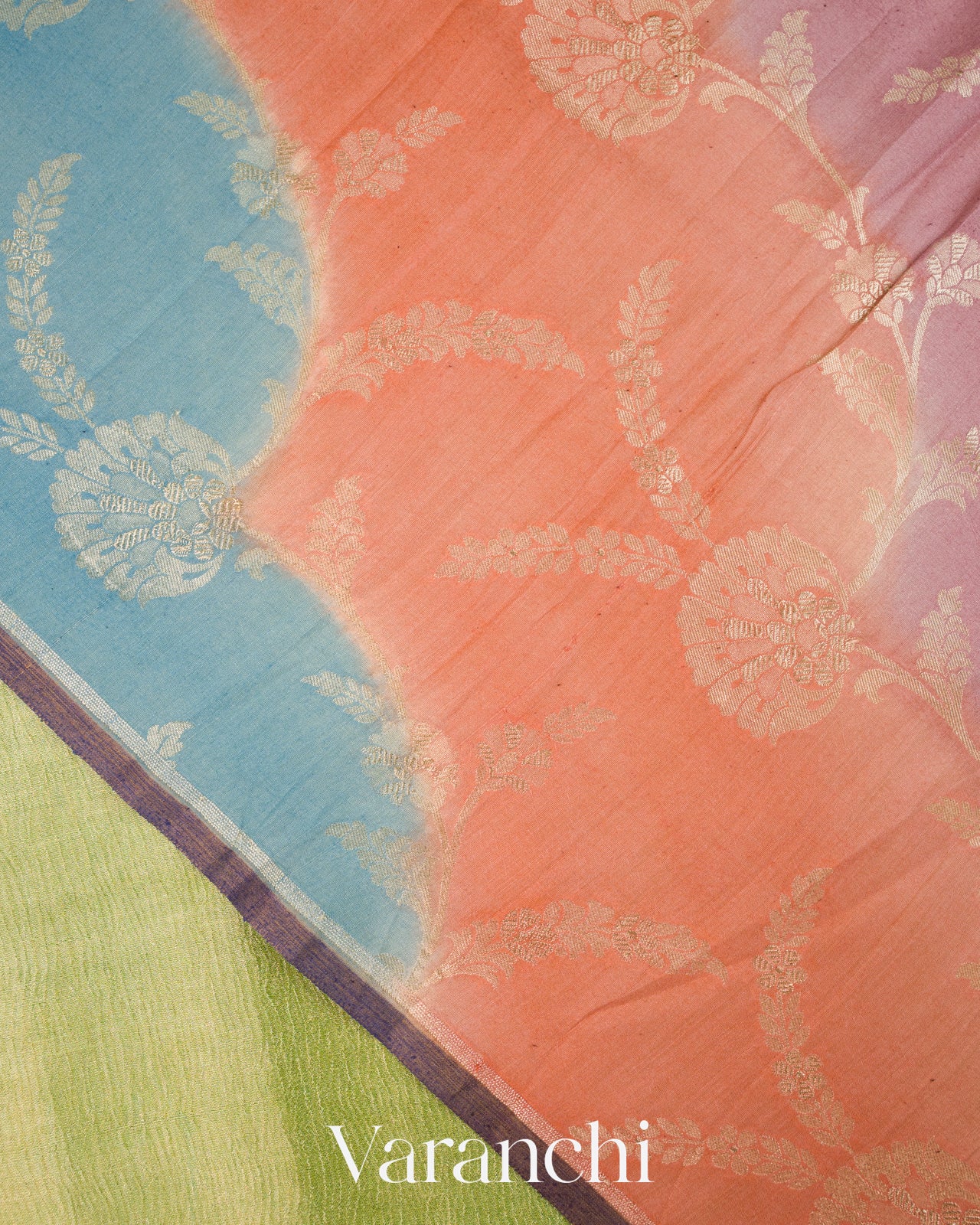 Lime Green Pure Georgette Tissue Moonga Silk Saree