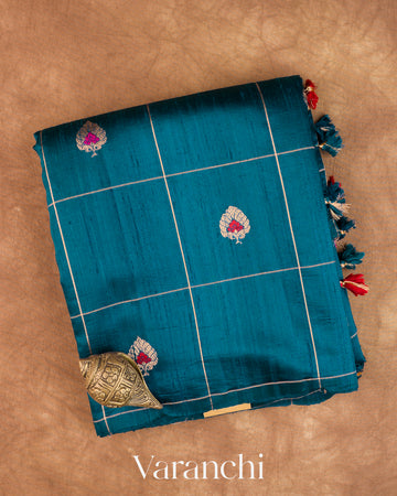Royal Blue Checkered Pure Raw Silk Handloom Saree