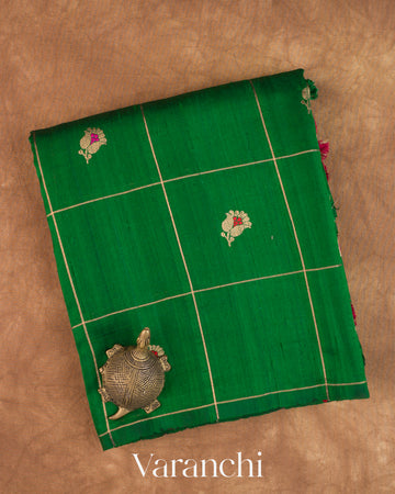 Bottle Green Checkered Pure Raw Silk Handloom Saree