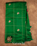 Bottle Green Checkered Pure Raw Silk Handloom Saree