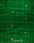 Bottle Green Checkered Pure Raw Silk Handloom Saree