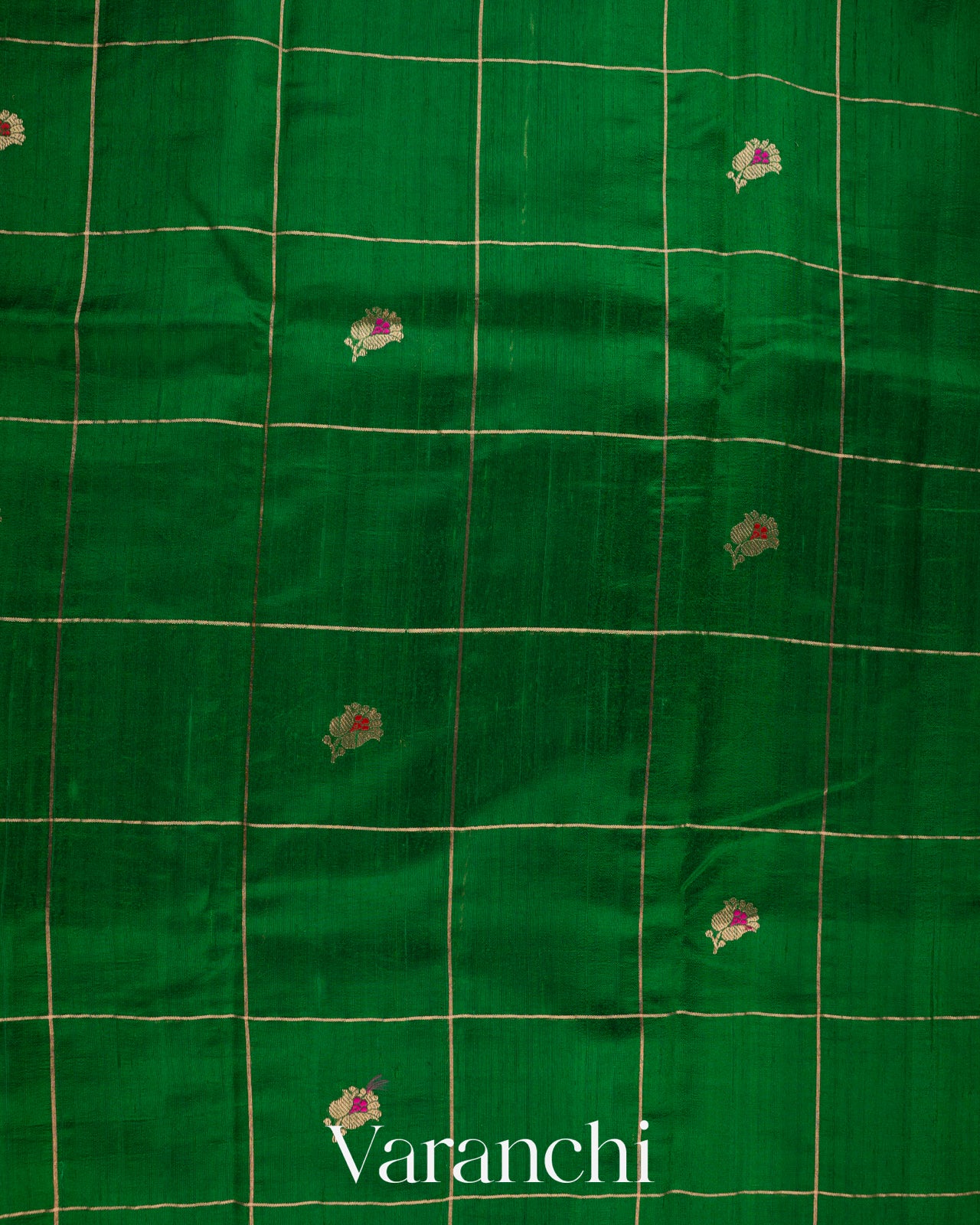Bottle Green Checkered Pure Raw Silk Handloom Saree