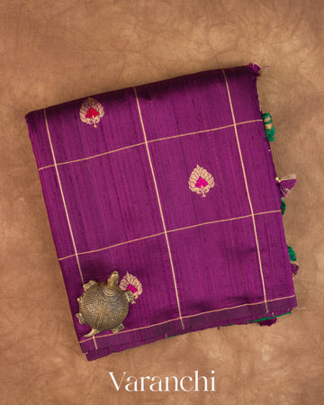 Wine Purple Checkered Butta Pure Raw Silk Handloom Saree